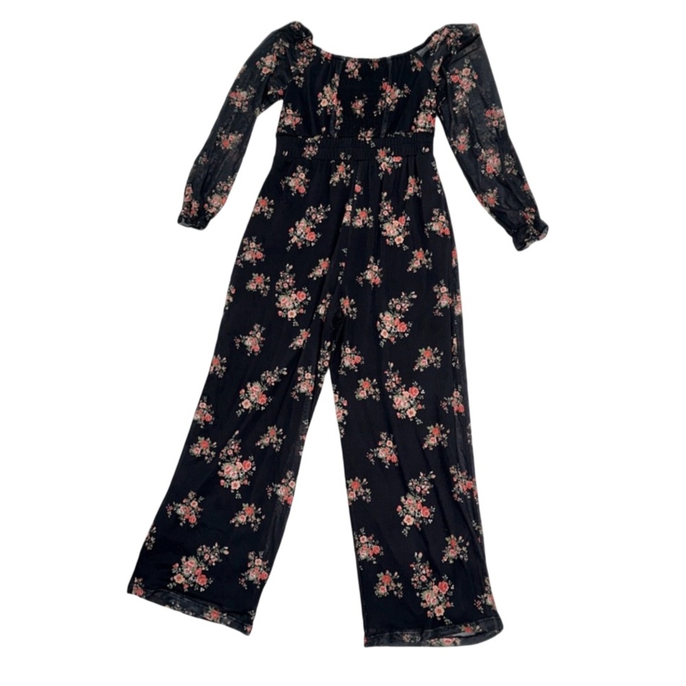 The Pink Hearts Girls Black Floral Long Sleeve Off-Shoulder Jumpsuit Size M - Picture 1 of 6